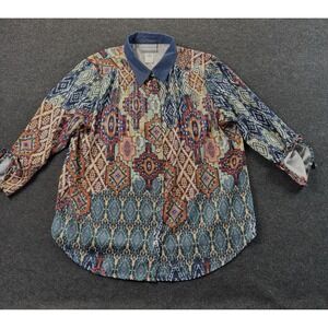 Alfred Dunner Women Abstract 3/4 Sleeve Button Shirt Tie Sleeves SZ Petite Large